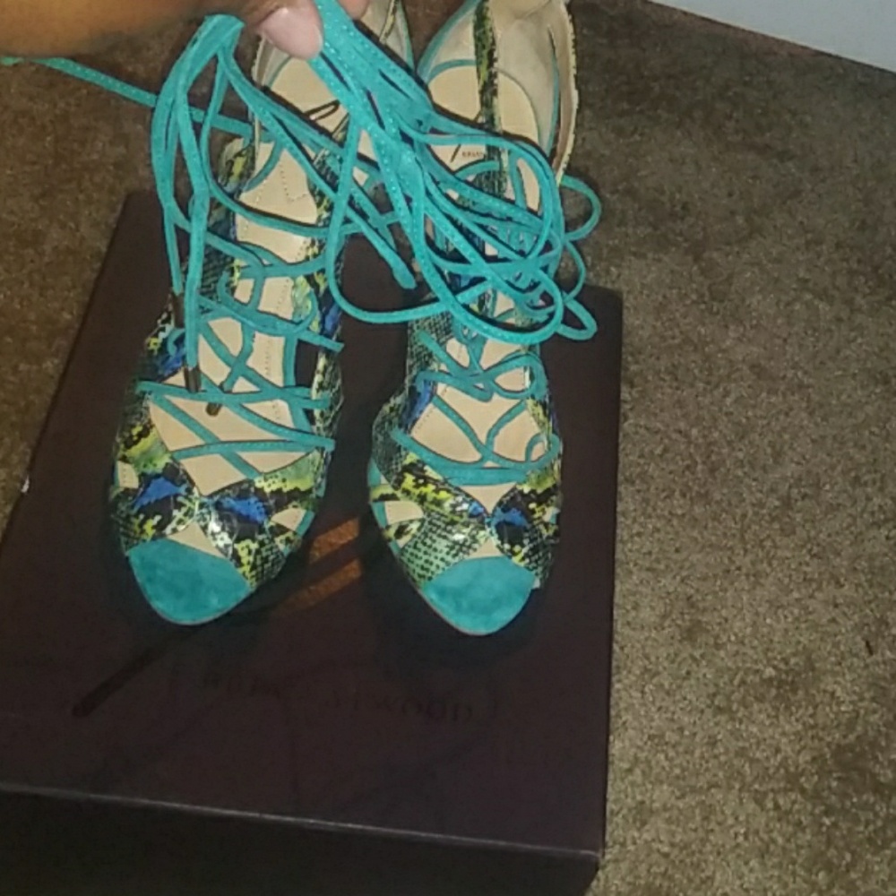 Brian Atwood Teal Suede & Multi Snakeskin Shoe